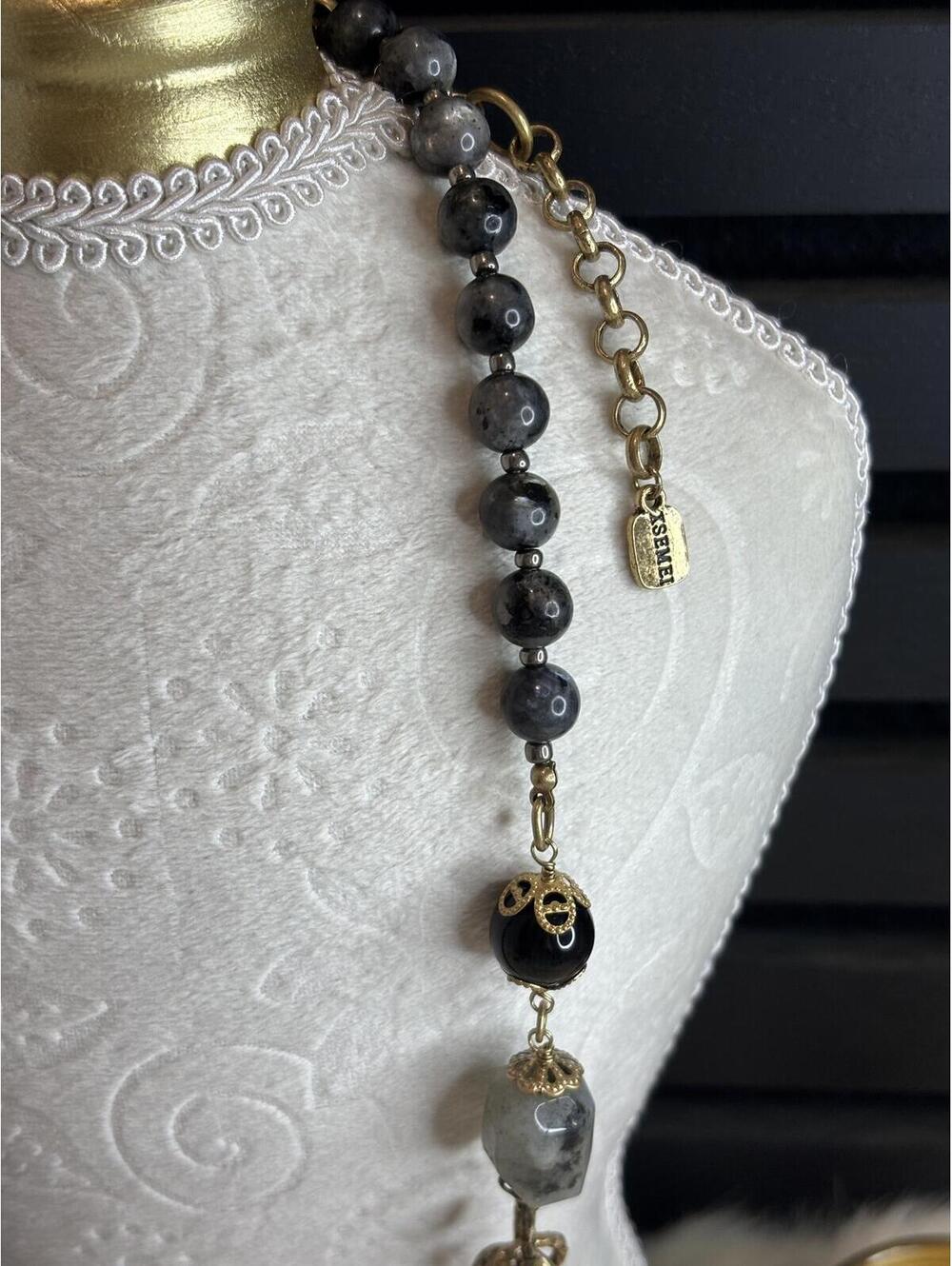 Black and Gray Beaded Necklace with Gold Accents